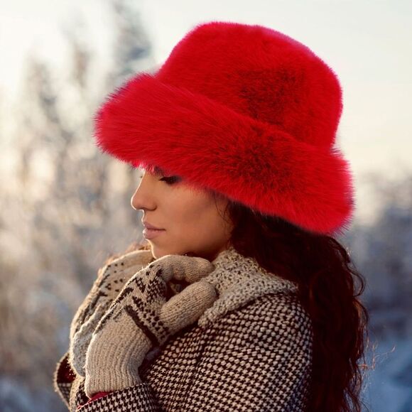 Red Winter Fluffy Russian Fur Bucket Hat Trendy Fashion Accessory - Picture 1 of 2